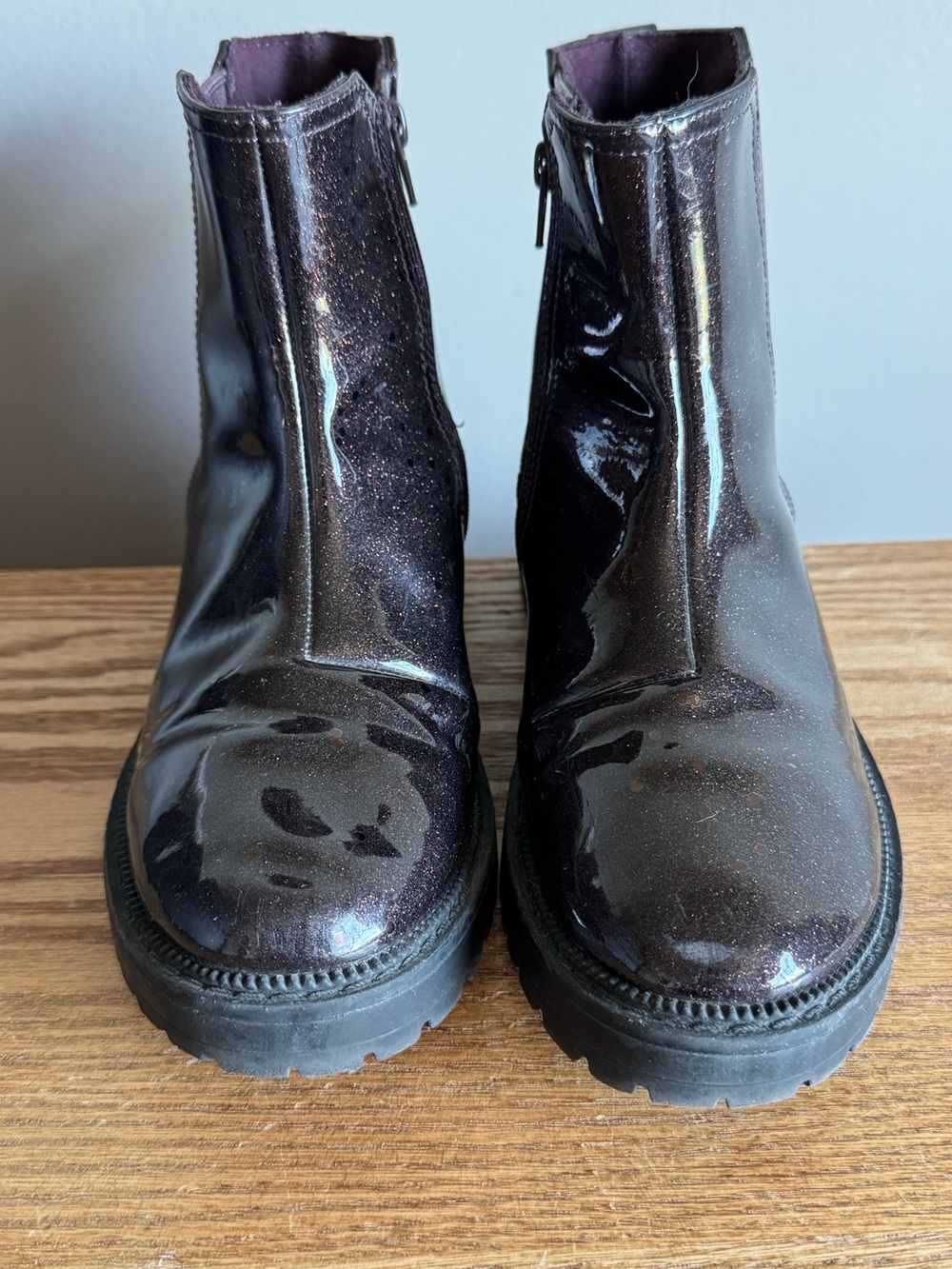 Patent Leather Glitter Ankle Boots - Dark Plum